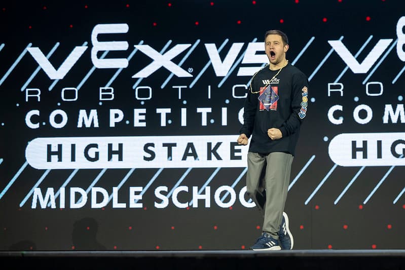 Me, at the 2025 VEX Robotics World Championships, being introduced as one of the match announcers for the finals matches.